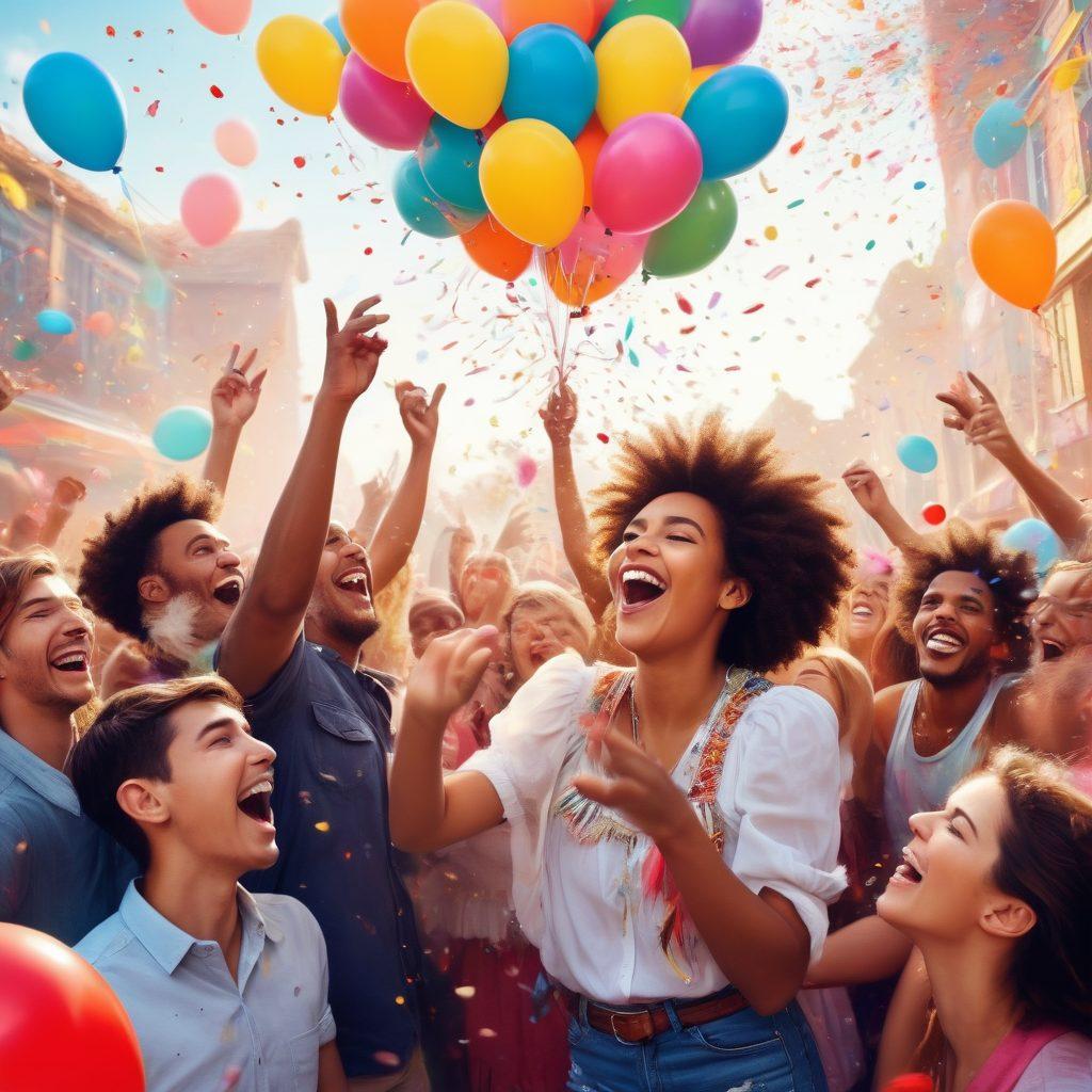 A whimsical cartoon scene featuring a giant feather tickling a diverse group of people laughing uncontrollably, with colorful balloons and confetti in the background. The setting is a dreamy, playful environment resembling a carnival, highlighting exaggerated facial expressions of joy. Emphasize the sense of fun and hilarity with vibrant colors and a lighthearted atmosphere. cartoon style. bright and colorful. playful theme.