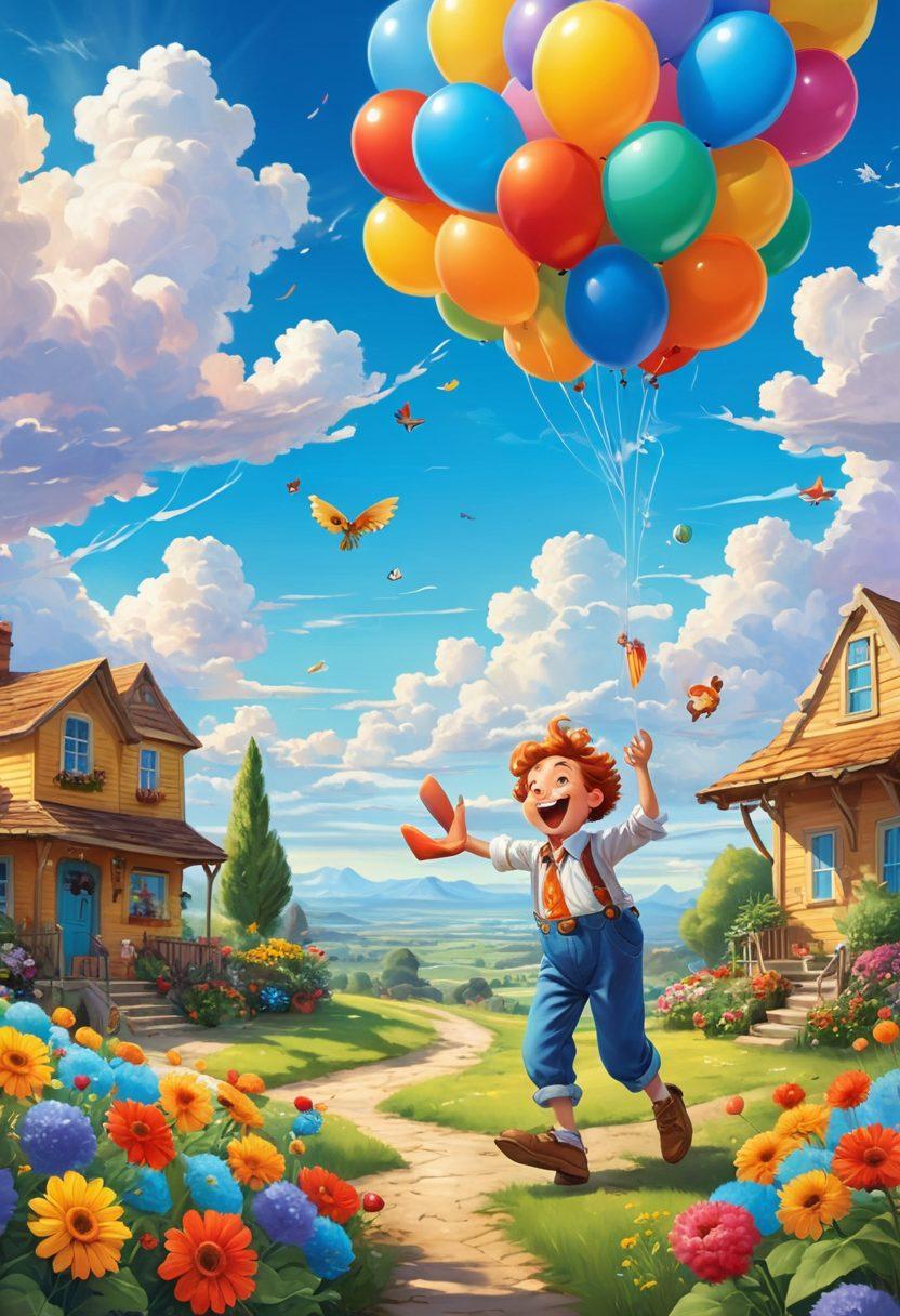 A whimsical cartoon landscape filled with colorful balloons, oversized flowers, and cheerful characters engaging in playful activities, such as laughing, juggling, and dancing. The sky is bright blue with fluffy white clouds and a radiant sun smiling down. Elements of humor are depicted through exaggerated facial expressions and comical interactions. The scene radiates joy and lightheartedness, inviting readers to partake in the fun. vibrant colors. cartoon style. cheerful atmosphere.