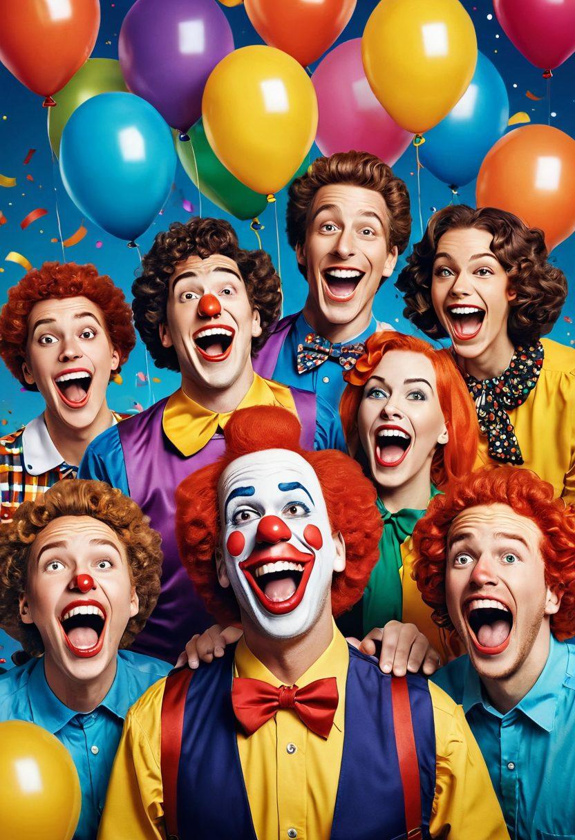 A whimsical collage showcasing a diverse group of people laughing and enjoying various forms of entertainment, such as stand-up comedy, clown performances, and funny movie moments. Include vibrant colors, playful cartoon-style elements, and expressive facial reactions, set against a backdrop of balloons and confetti. The atmosphere should radiate joy and amusement. vector art. vibrant colors. cheerful background.